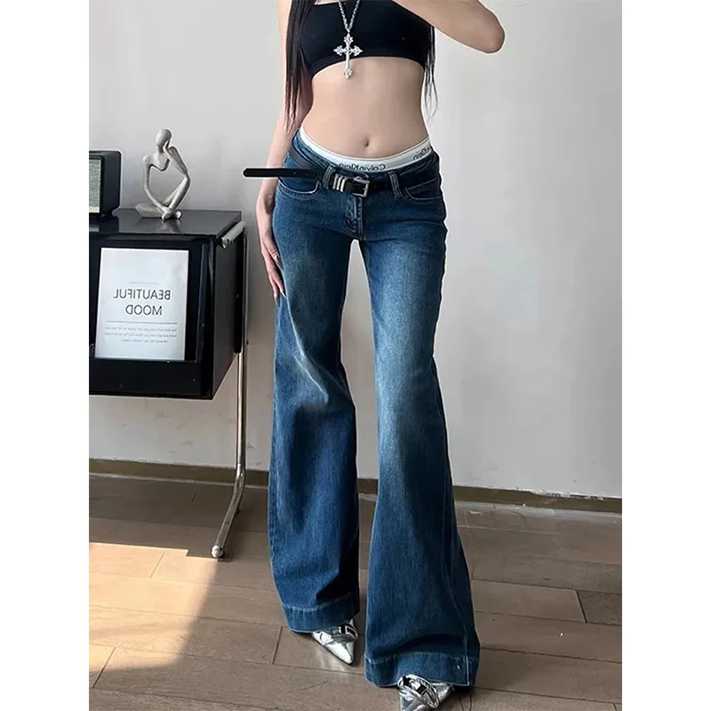 美式复古低腰微喇叭牛仔裤女夏季2025新款辣妹宽松显瘦阔腿拖地裤