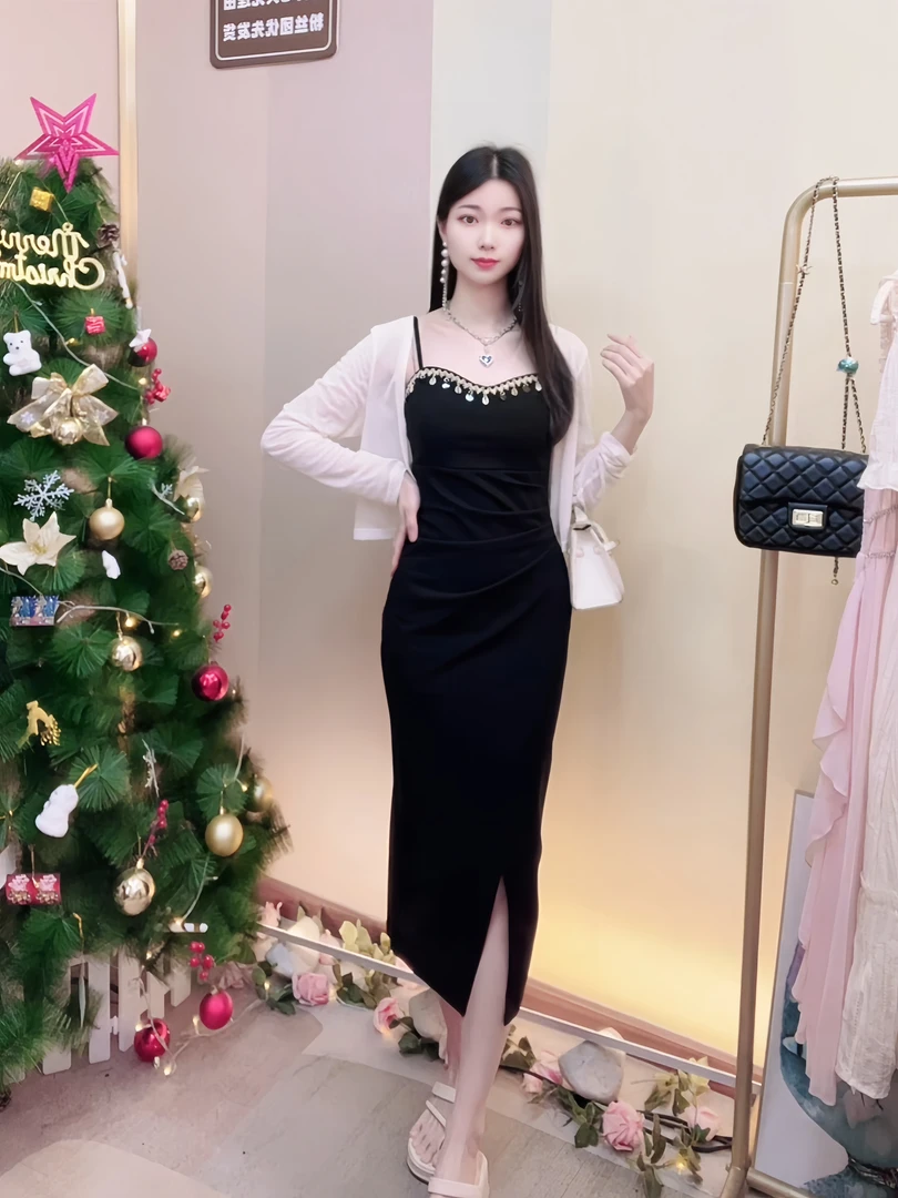 4591小贝壳桃心领连衣裙春夏民族风特色收腰显瘦气质吊带小黑裙