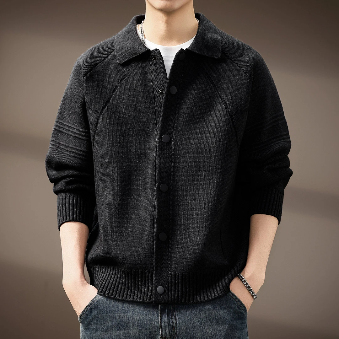 MR.MUDI/穆迪先生老钱风翻领开衫毛衣男士秋冬新款美式针织衫外套