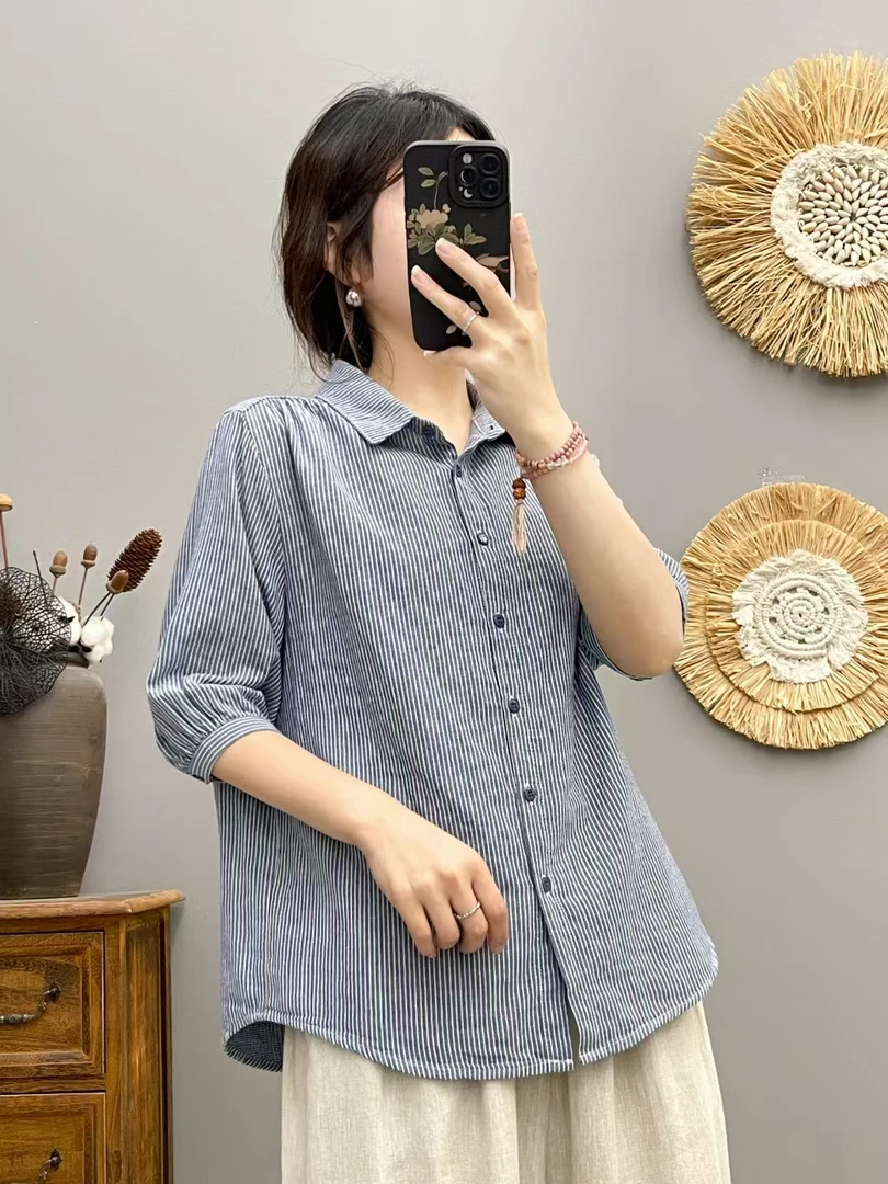 夏季双纱棉条纹衬衫宽松蓝色衬衣上衣减龄设计感休闲百搭半袖衬衫