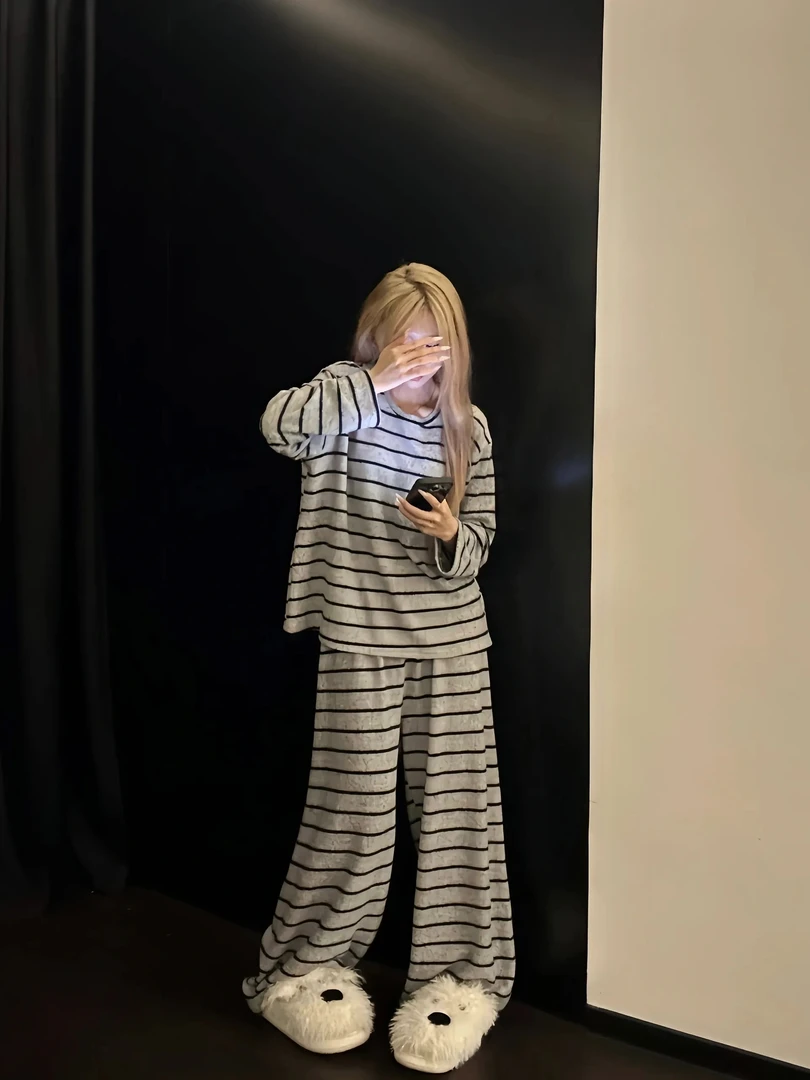 2025新款条纹长裤德绒秋冬加厚保暖睡衣女弹力韩版宽松家居服套装