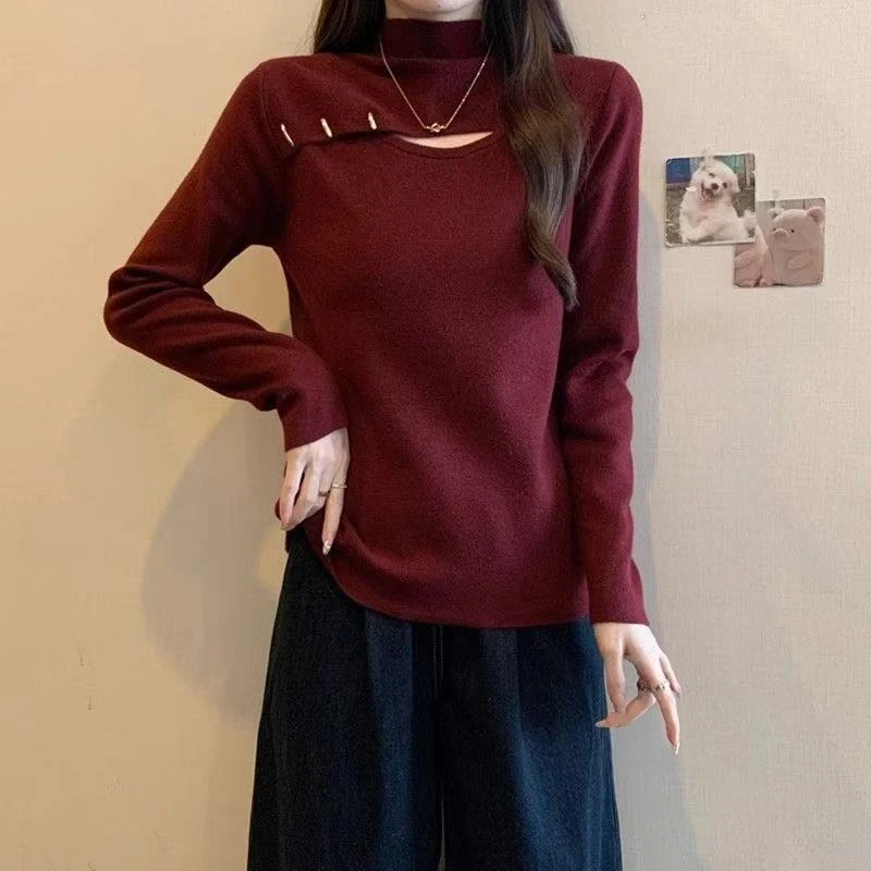 2024新款半高领设计感T恤上衣女秋冬款遮肉镂空韩版休闲针织上衣