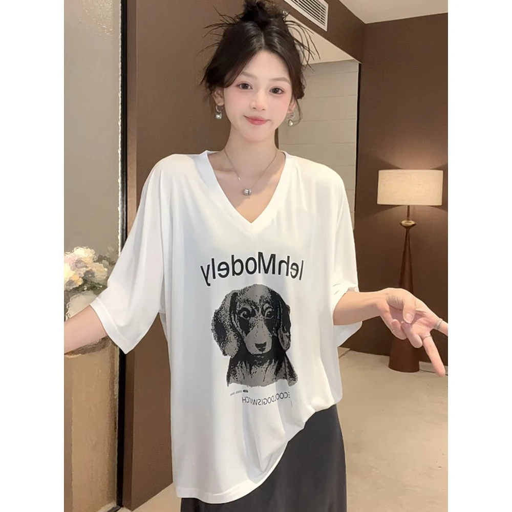 韩系辣妹V领短袖T恤女夏季新款设计感趣味小狗印花宽松百搭上衣潮