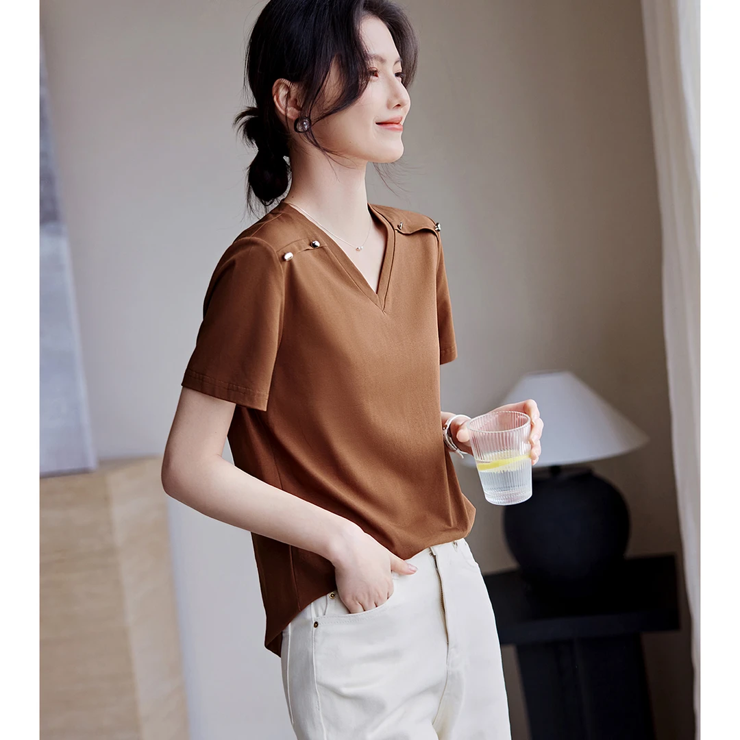 XWI/欣未2025夏新款舒适百搭简约T恤气质优雅v领肩部拼接T恤6584