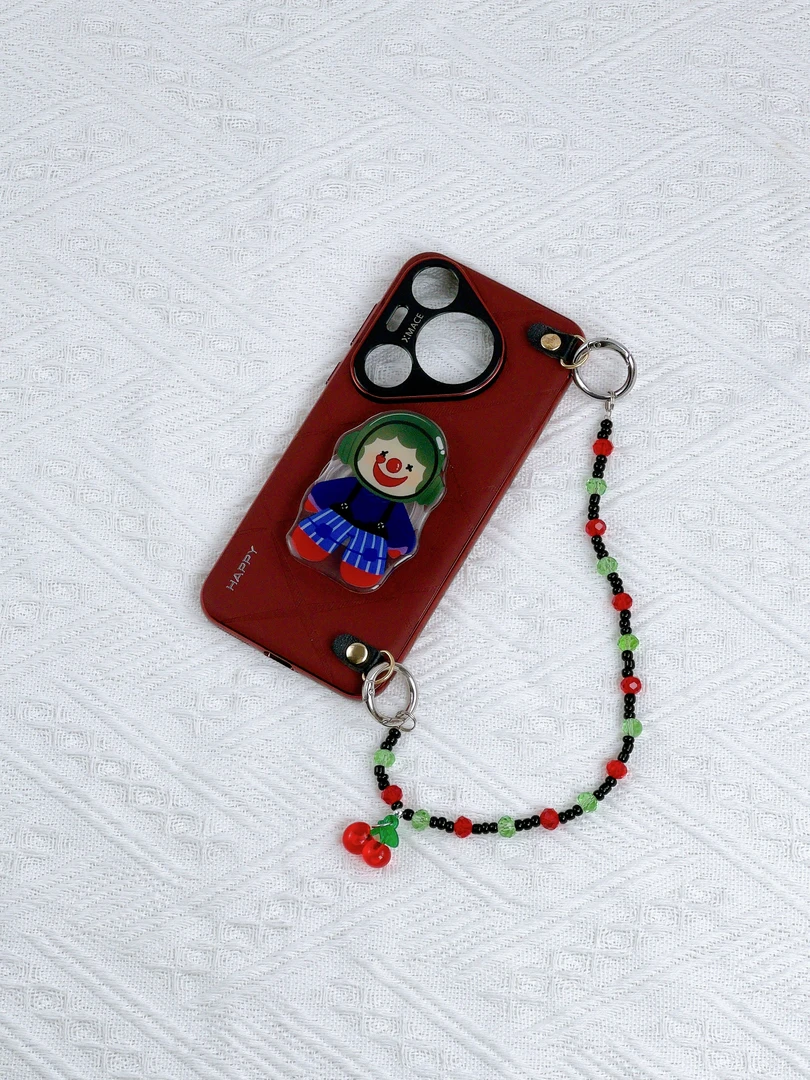 品申原创酒红皮质小丑支架串珠手提链适用华为mate70pro手机壳