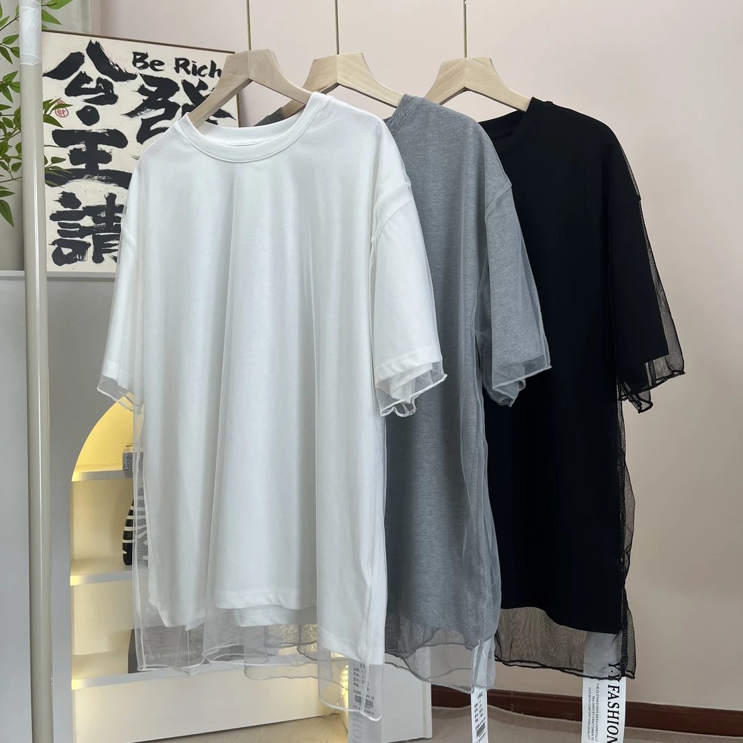 2025春夏韩版宽松休闲百搭圆领双层拼接网纱短袖T恤女防晒上衣