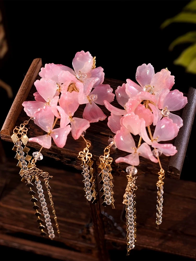 落花，东方美学琉璃花瓣水晶流苏仙气发夹边夹发饰头饰（341）