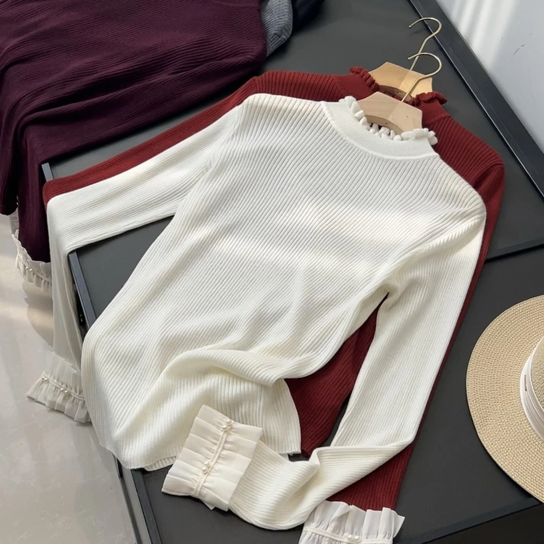 含绵羊毛！软糯亲肤木耳领 撞色花边袖针织打底衫百搭外穿毛衣