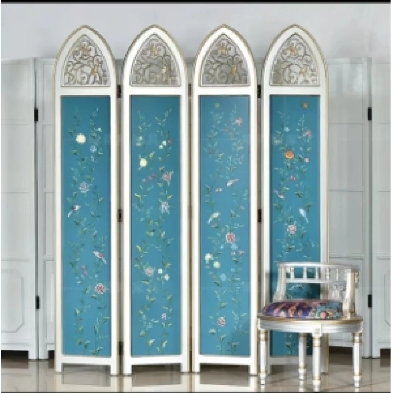 美式屏风隔断四连高档奢华玄关家居别墅折屏手绘工艺品