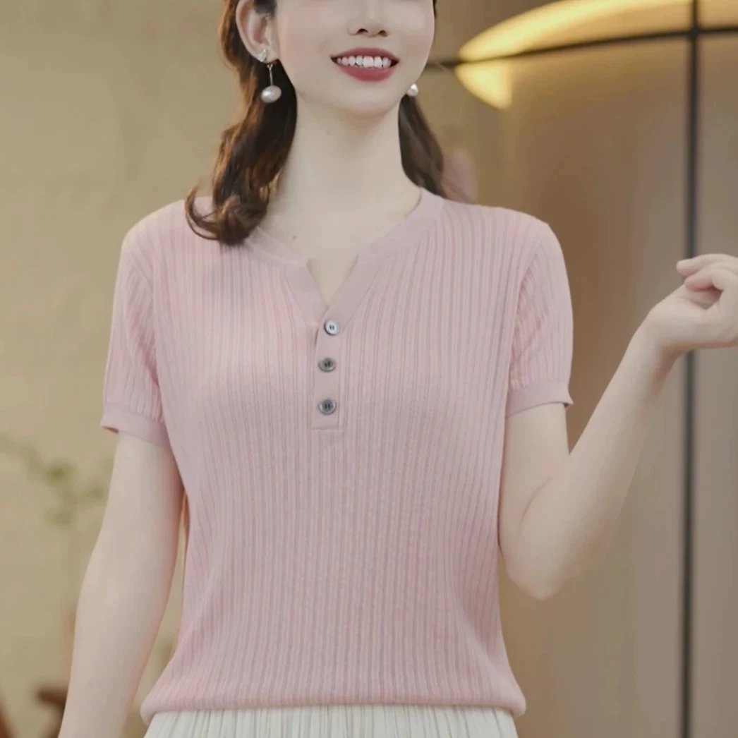 2025春夏新款通勤风韩版气质半开领设计感妈妈短袖休闲针织衫女