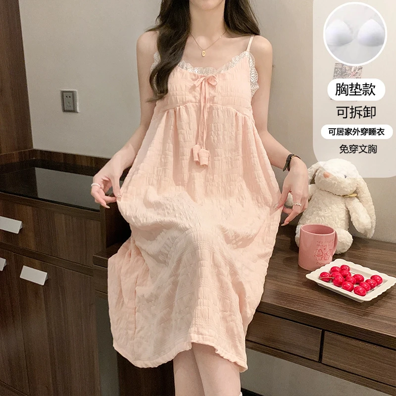 方领带胸垫纯色吊带睡裙女夏季公主风甜美休闲家居服031