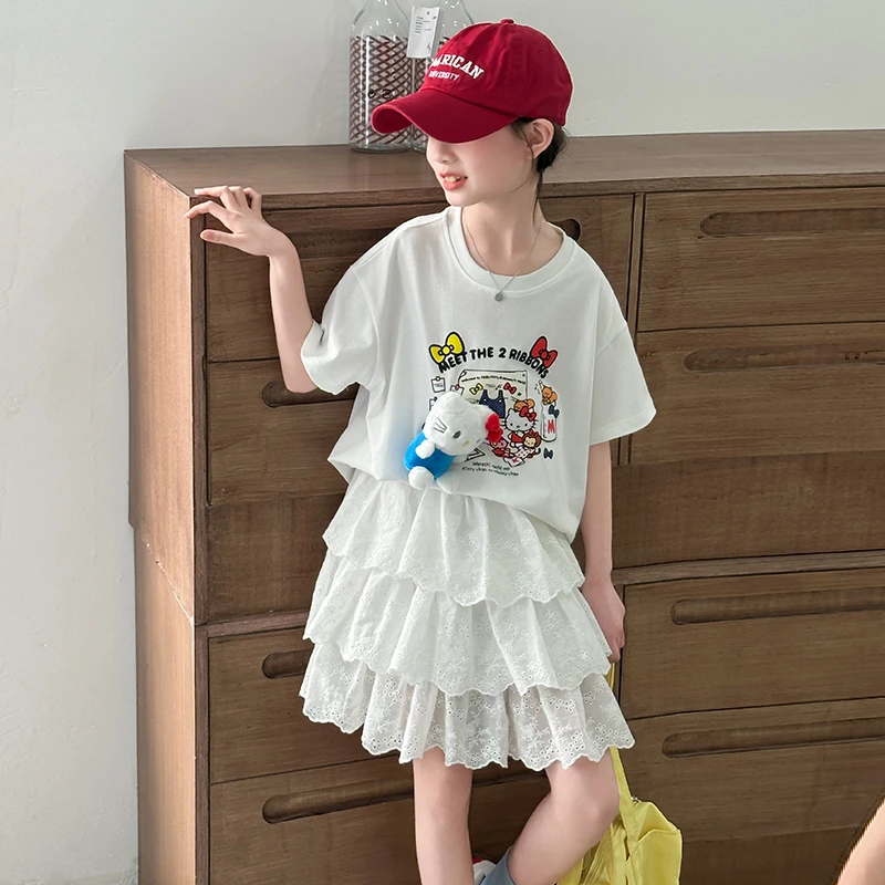 女童短袖T恤蕾丝裙两件套2025新款女孩宽松上衣短裙两件套韩版潮