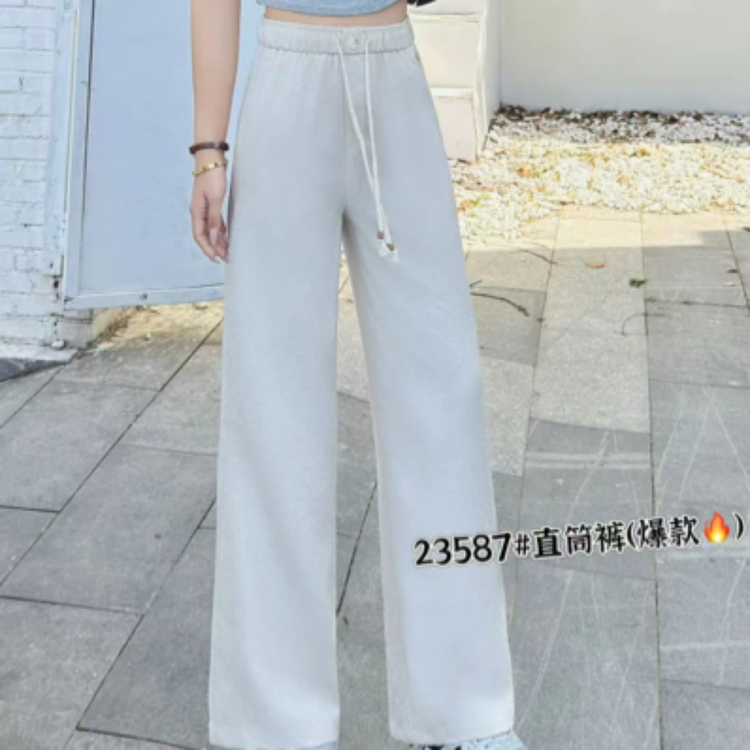 23587#【裤长96】夏季新款蕾丝飘带高腰显瘦垂感阔腿女裤休闲长裤