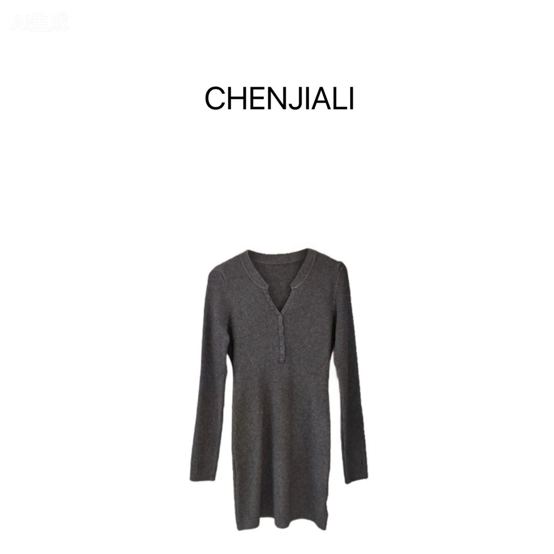 CHENJIALI 纯欲风秋冬御姐修身针织显瘦V领内搭包臀打底连衣裙