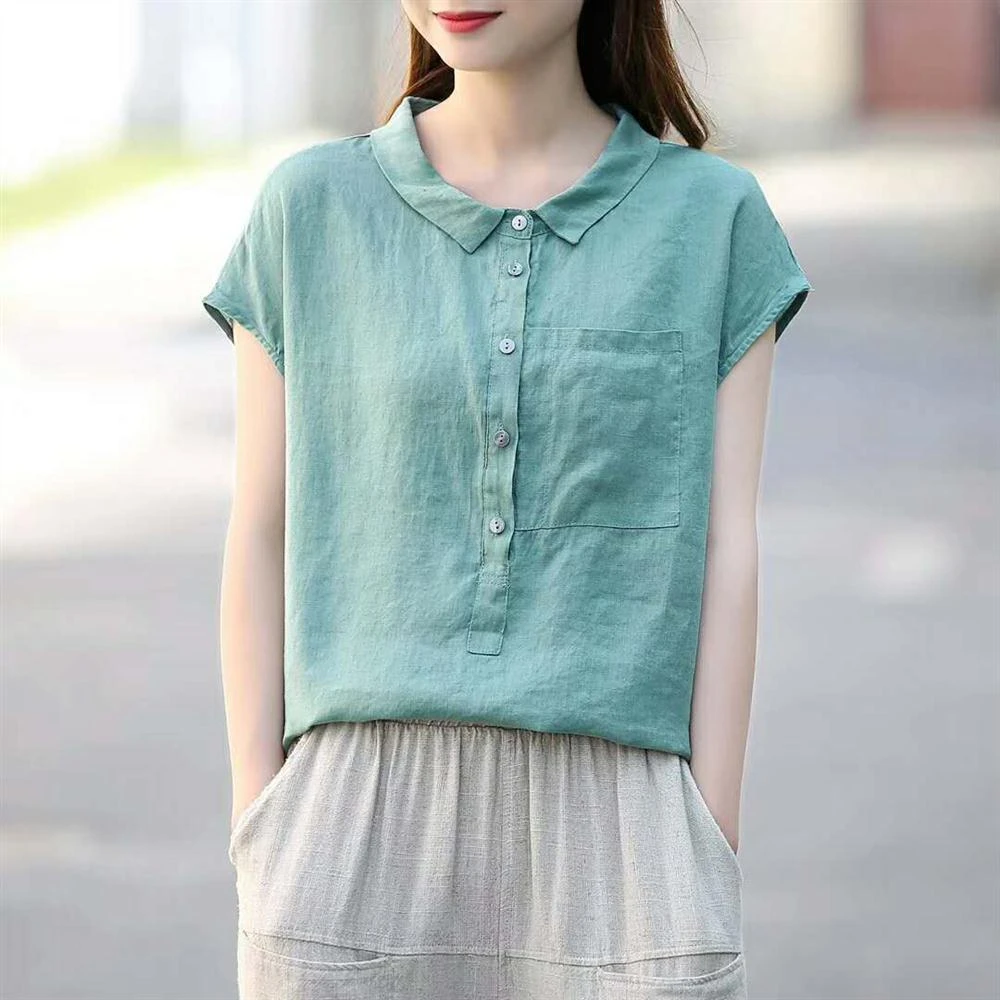 爱依服甜美可爱风格衣服复古文艺宽松短袖衬衫女夏新款仿棉麻娃娃