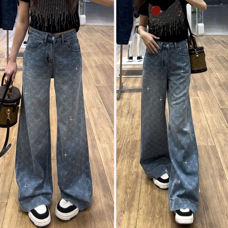 激光烧花烫钻直筒喇叭裤夏季薄高腰宽松显瘦弹力垂感拖地牛仔裤女