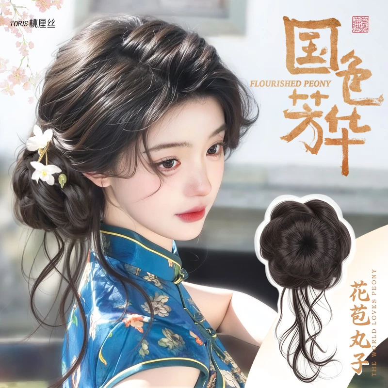 新中式丸子头假发女古风抓夹花苞头汉服旗袍盘发神器后脑勺垫发包