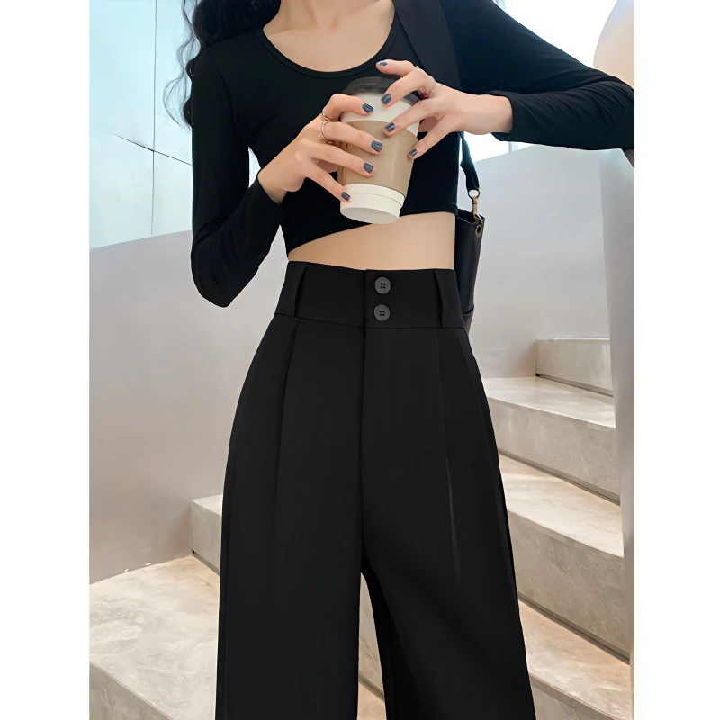 窄版直筒阔腿裤女春夏新款小个子高级感垂感黑色高腰双排扣西装裤