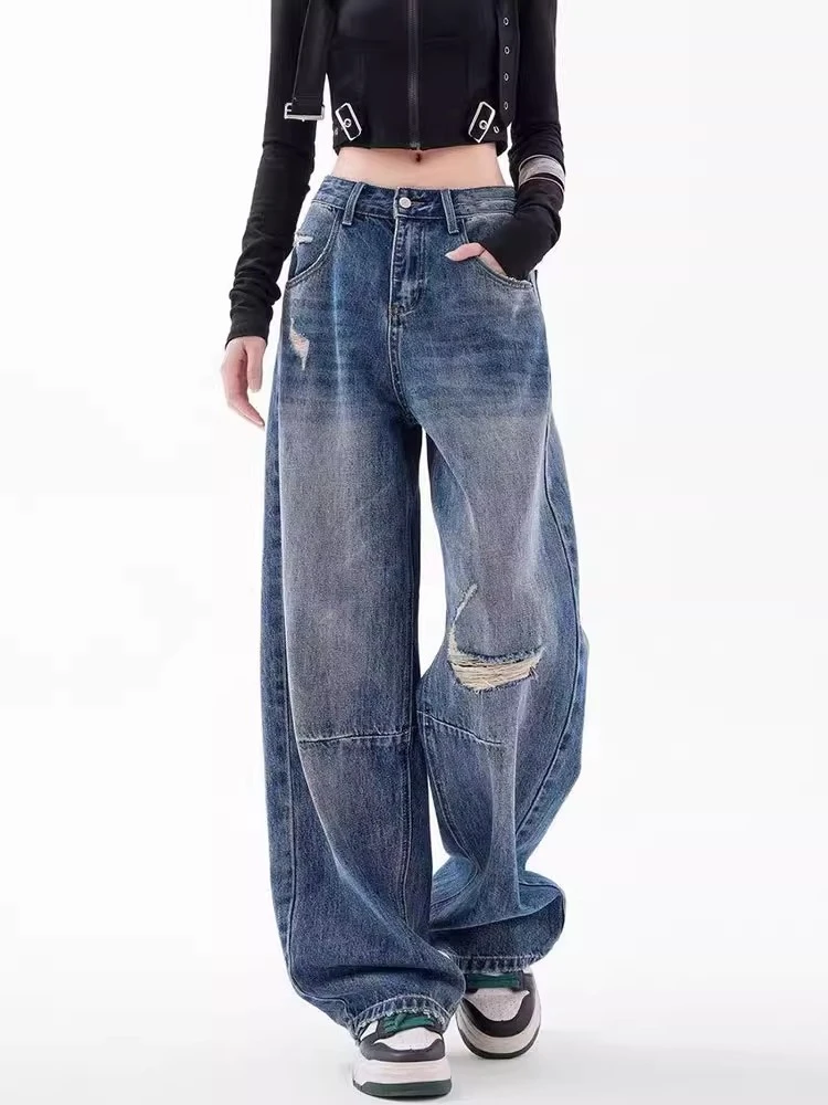 大码胖mm破洞阔腿牛仔裤女2025春季新款水洗设计感拖地裤宽松裤子