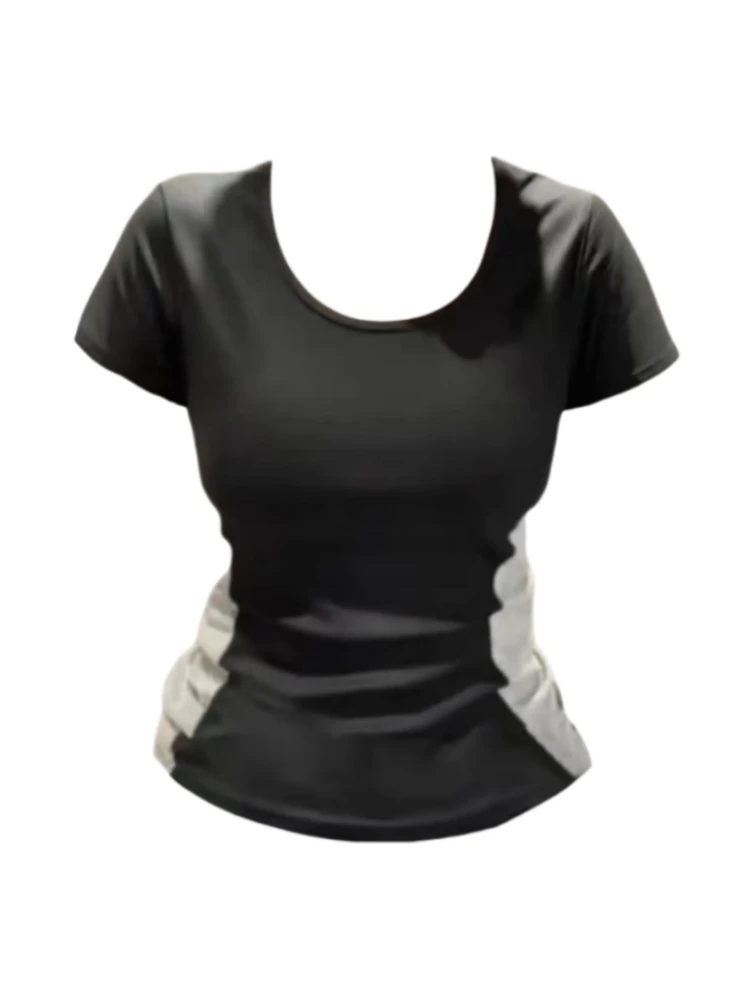 微胖mm纯欲风修容掐腰显瘦短袖T恤女夏季新款设计感撞色v领上衣女