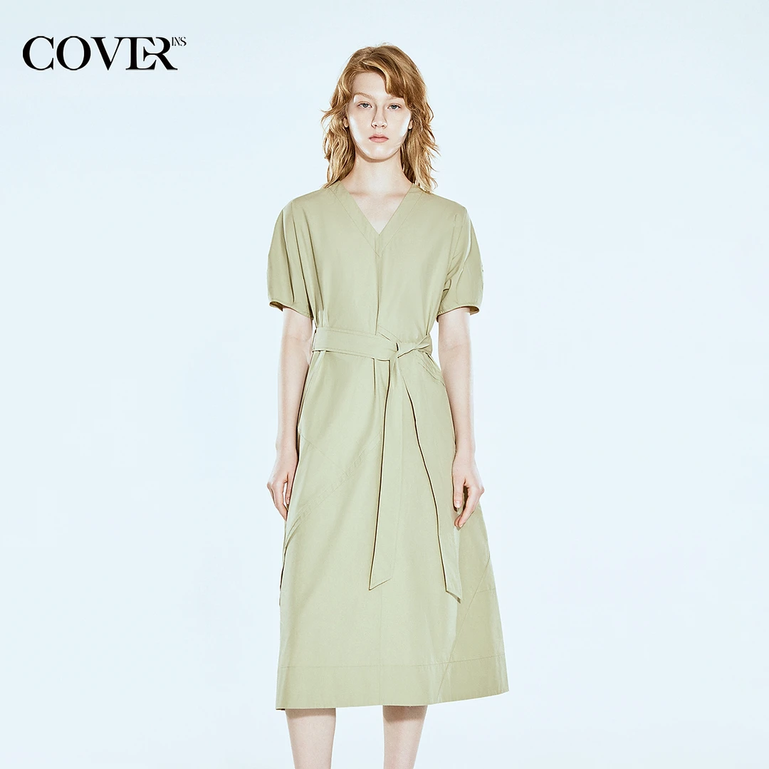 COVERINS2025夏季新款宽松100%棉海藻绿连衣裙