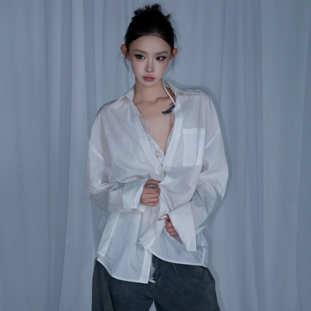 IAMFINE 原创防晒男友风衬衫拼接蕾丝OVERSIZE百搭白色衬衫