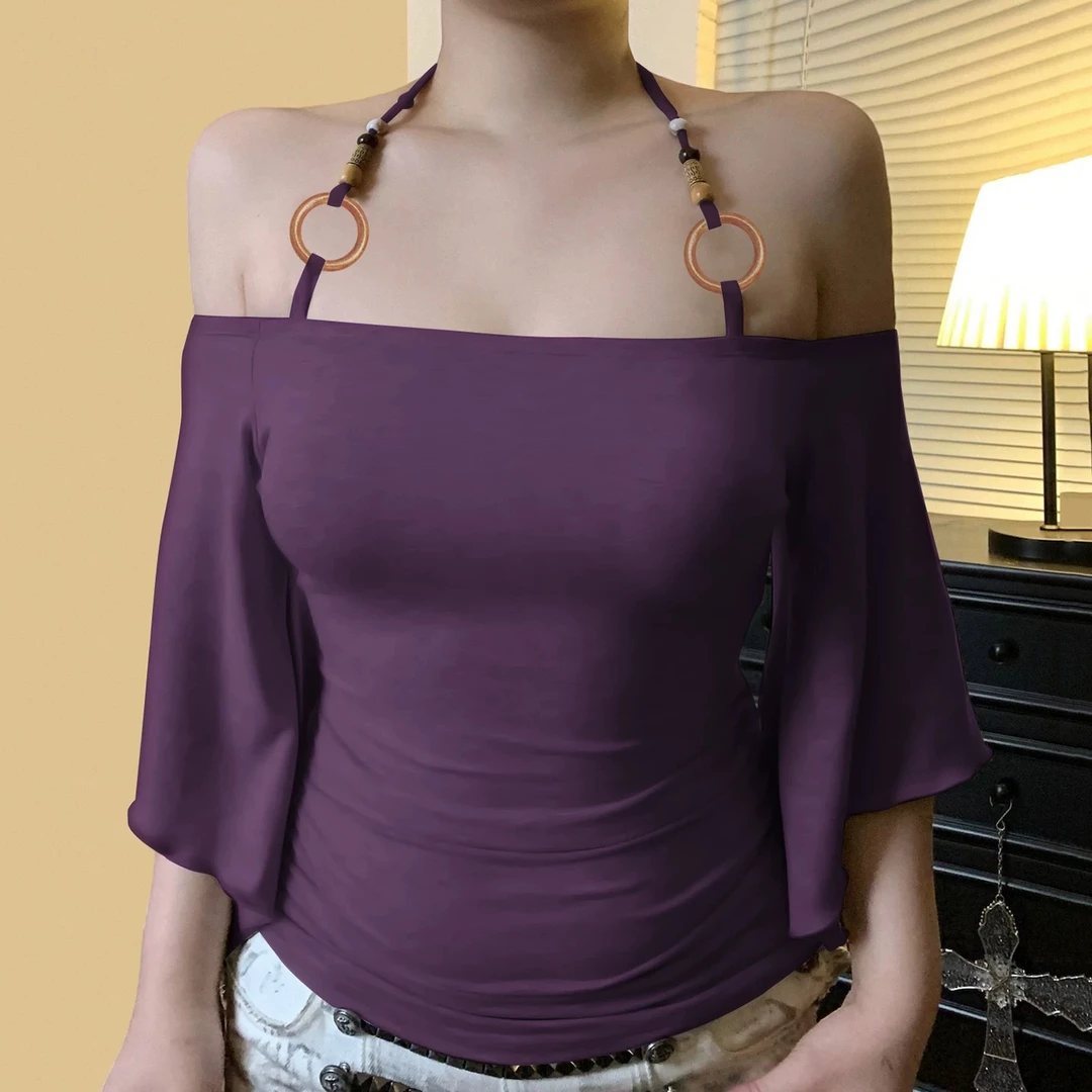 网红洋气衣服炸街女装落肩蝙蝠袖挂脖T恤夏季复古串珠一字领上衣