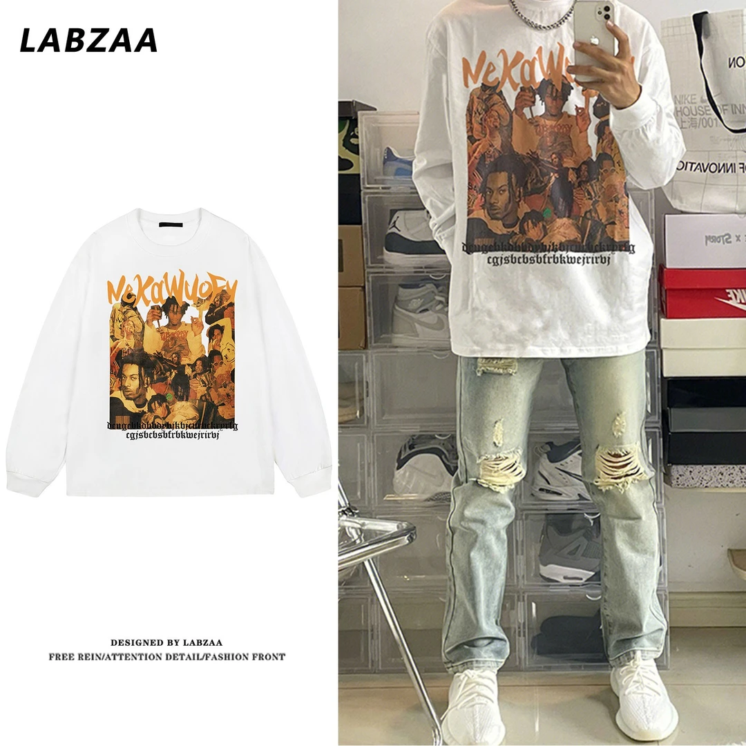 labzaae美式嘻哈人物印花长袖T恤男秋冬国潮牌高街纯棉宽松打底衫