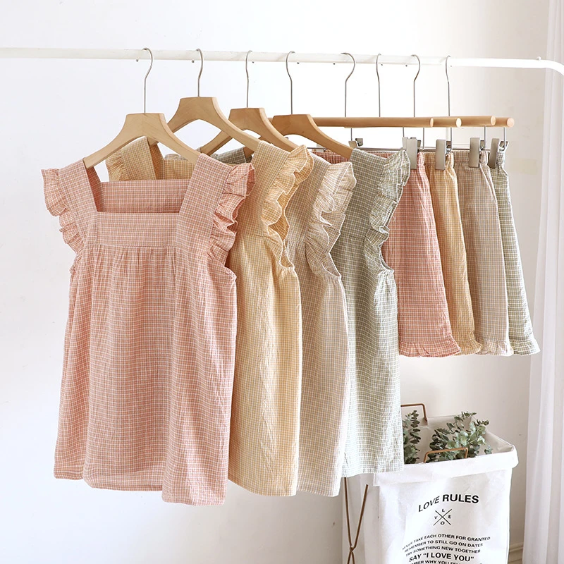 纯棉纱布睡衣女款夏季薄款荷叶边格子宽松吊带短裤夏天薄款家居服