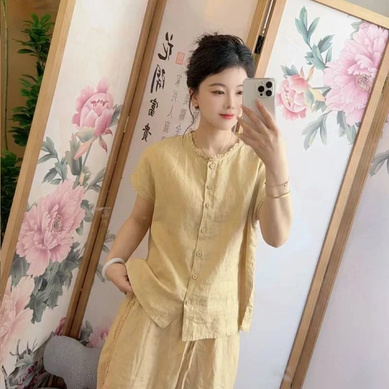 国风中式单排扣圆领苎麻衬衫女2025夏季百搭新款时尚女装上衣
