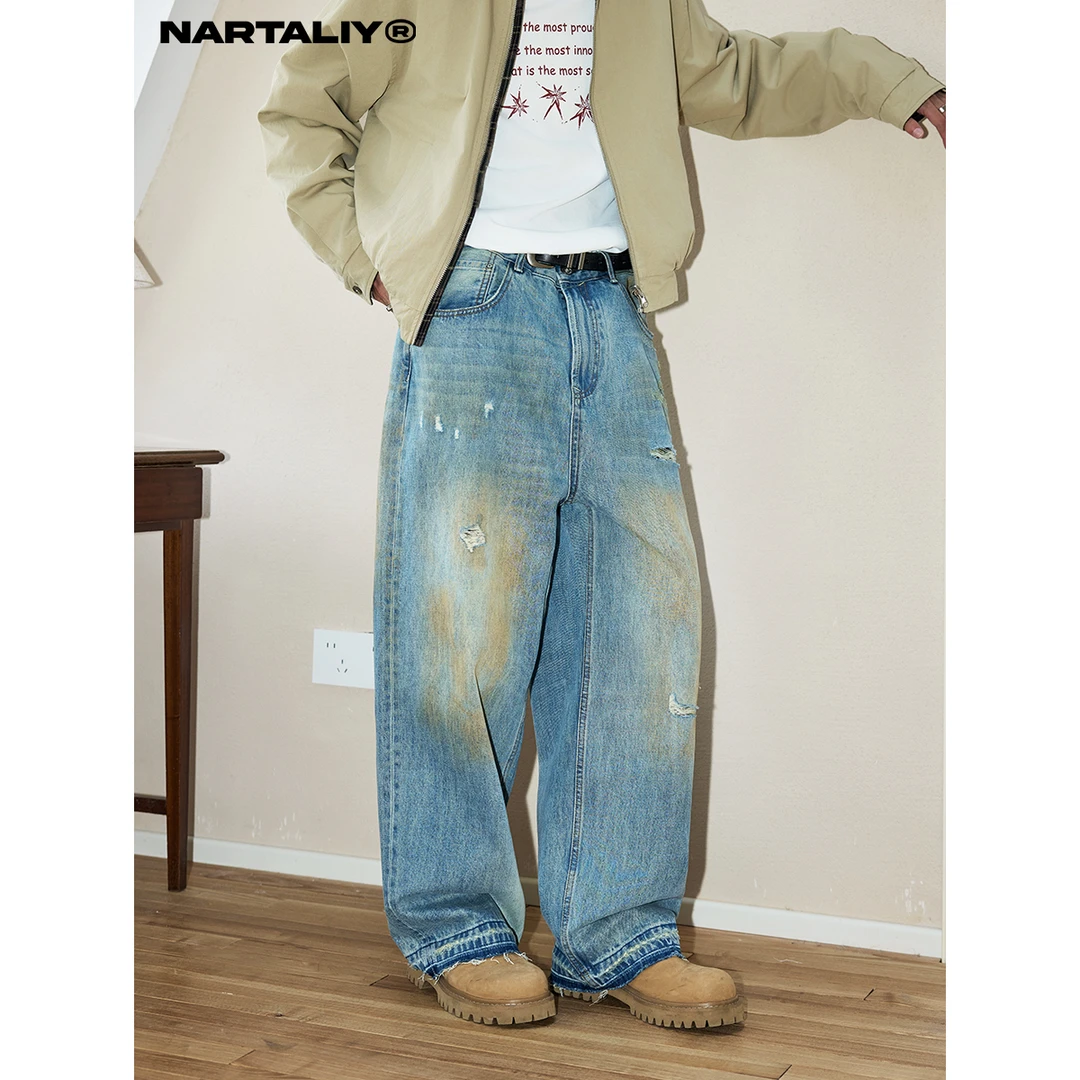 NARTALIY黄泥染复古做旧牛仔裤男潮高街vibe风直筒阔腿休闲裤V208