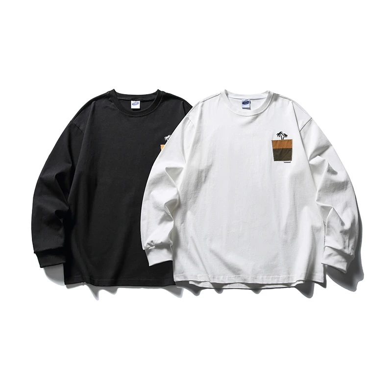 日系潮流青年椰子树绣花口袋装饰纯棉长袖打底T恤