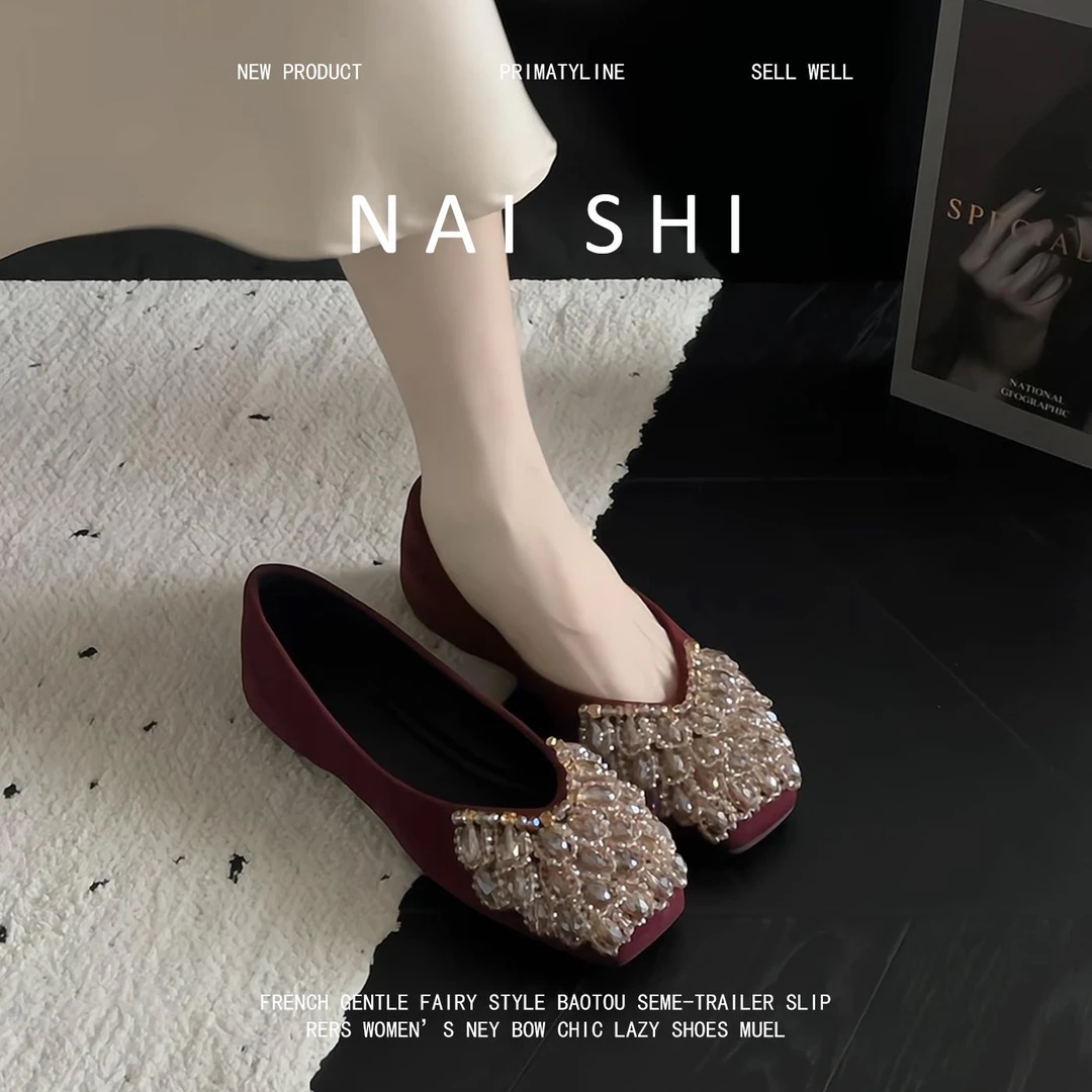 羊皮版！法式水钻玛丽珍鞋一脚蹬红色绒面晚晚鞋秀禾婚鞋新娘鞋