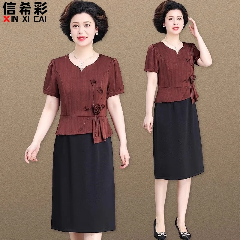 妈妈端庄大气连衣裙新款洋气中老年女夏装假两件裙子气质高贵