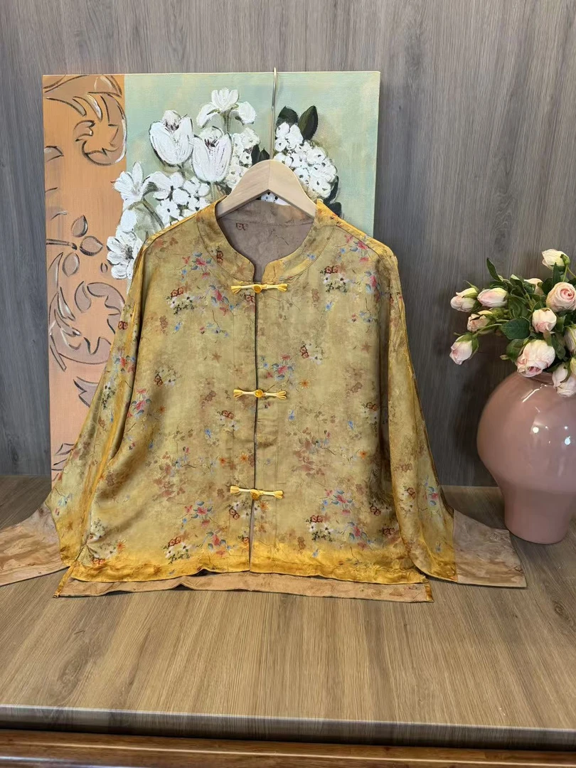 水如画【黄莺】重工系列秋季新中式国风圆领气质宽松长袖衬衫上衣