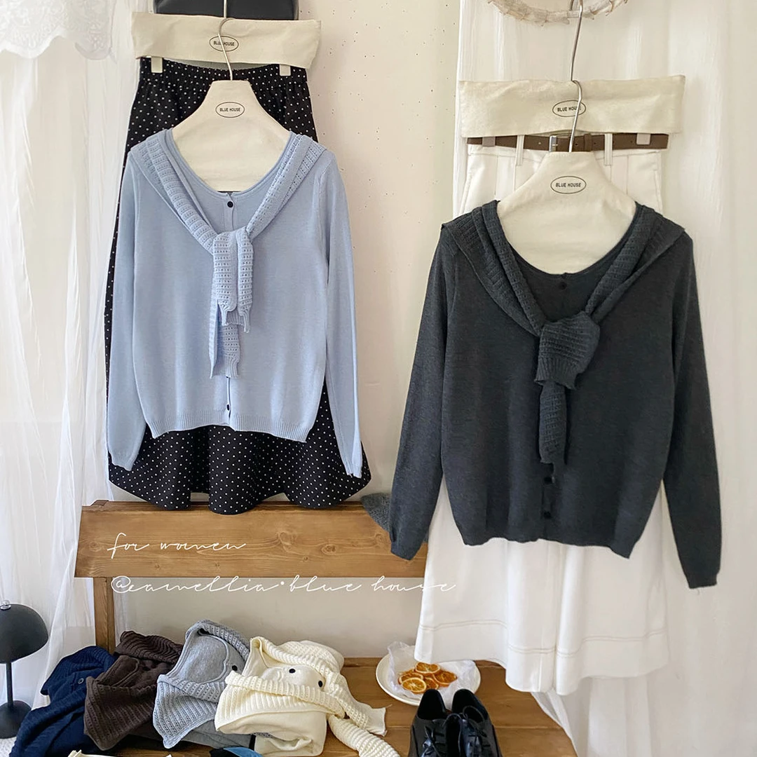 气质典雅复古松驰感针织开衫女早秋温柔百搭搭配披肩叠穿两件套装