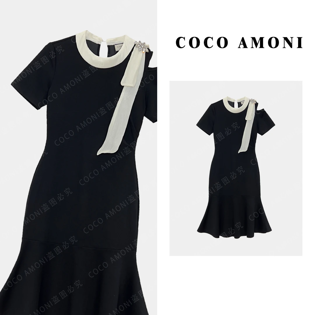 1法式轻奢设计师款拼接露肩荷叶边显瘦连衣裙ZP248