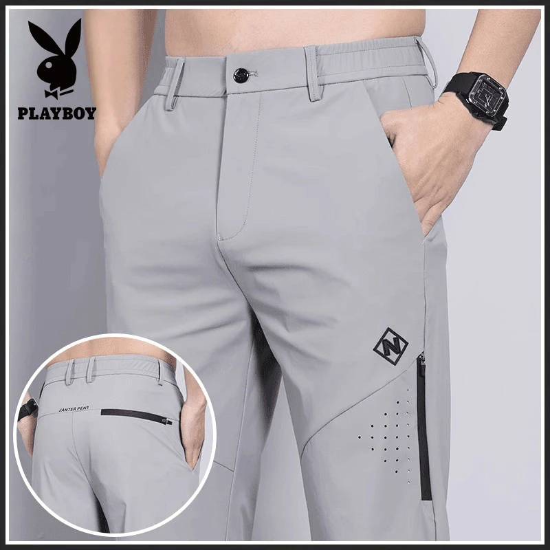 花花公子冰丝男士商务夏季薄款宽松直筒速干透气运动裤休闲裤长裤