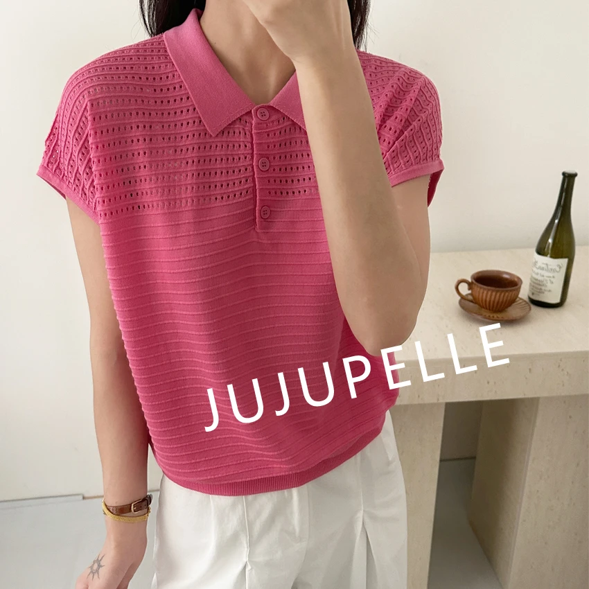 莱赛尔100翻领镂空横坑条2025夏季纯色针织打底衫飞袖女T恤上衣薄