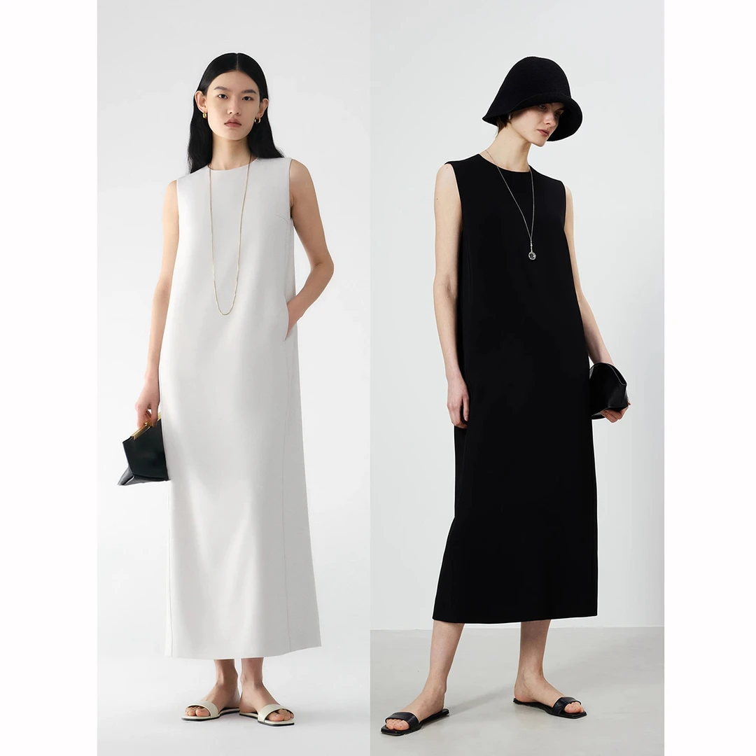 夏季宽松圆领法式气质纯色中长裙醋酸極简ROW风无袖连衣裙新款女