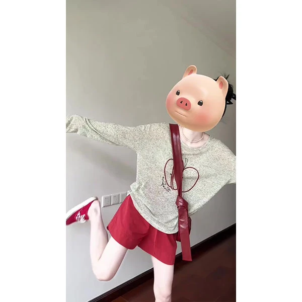 慵懒风长袖女春夏季苹果印花圆领宽松t恤打底衫休闲上衣+短裤套装