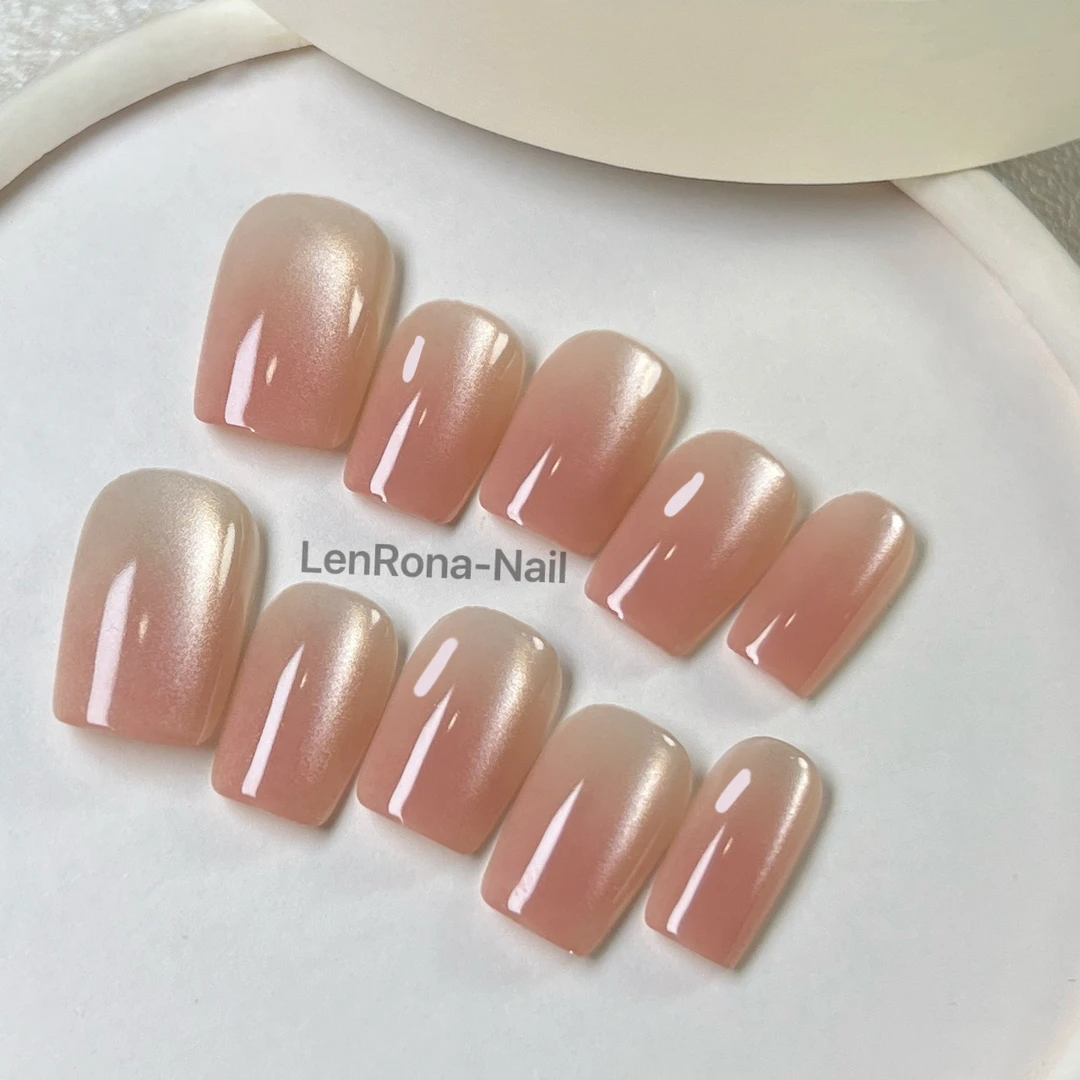 夏季短款简约玻璃珠渐变猫眼纯手工裸色显白穿戴甲片父亲节