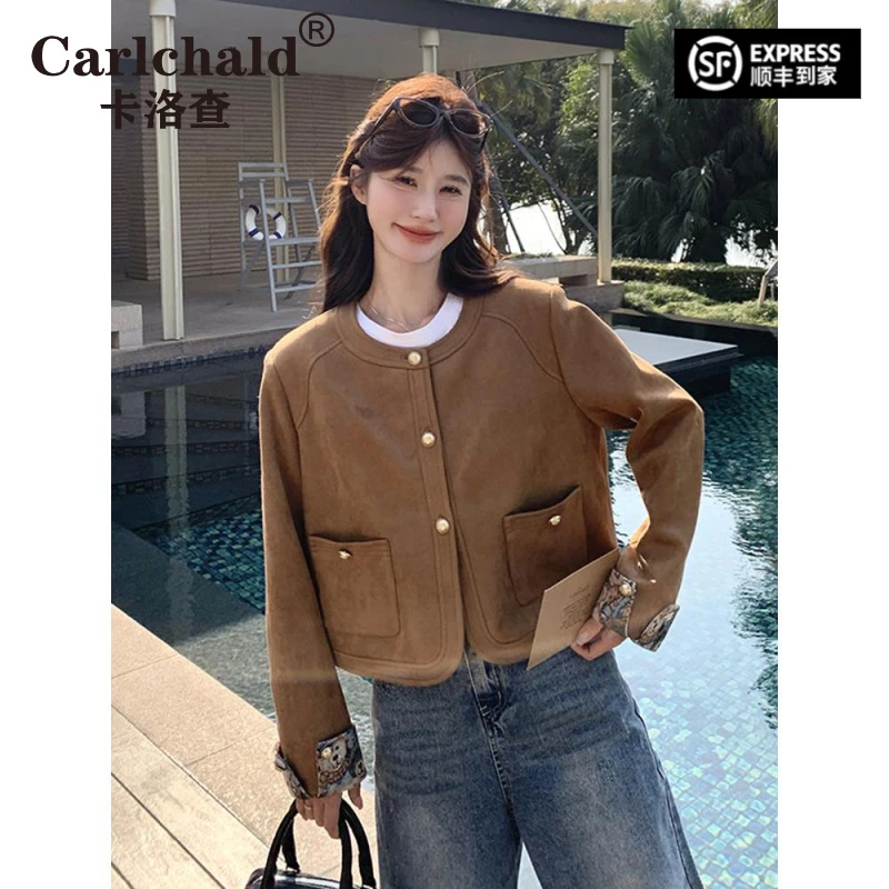 CARLCHALD卡洛查百搭薄款牛仔咖色麂皮绒短外套女2025春秋新款百