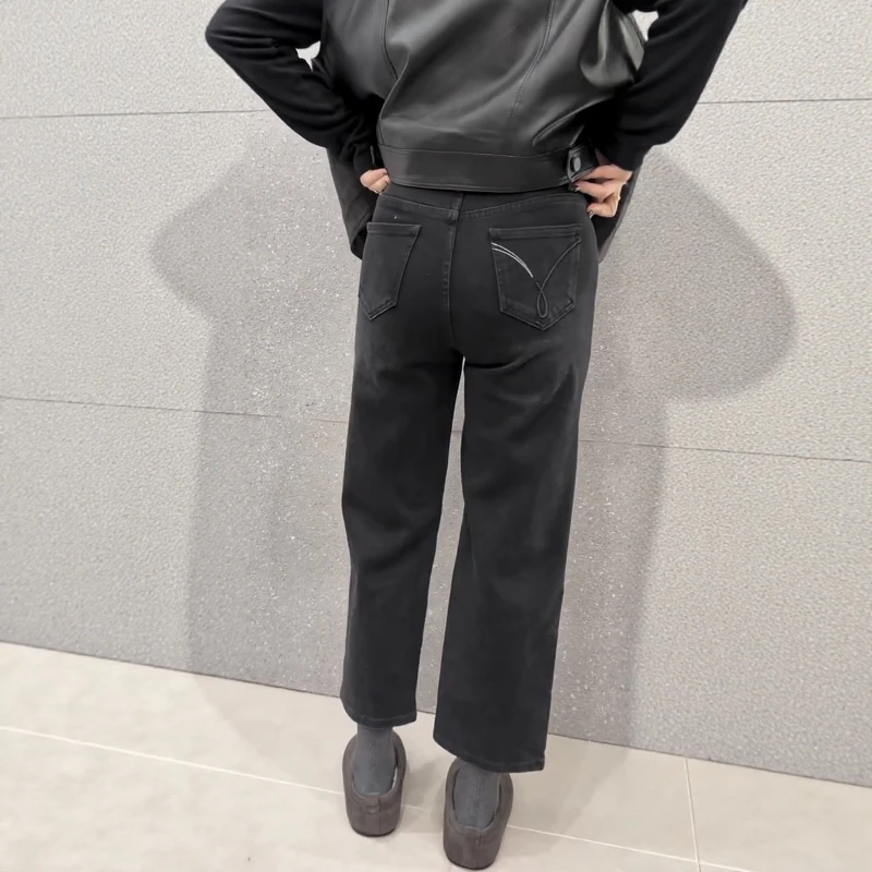 极简风复古百搭直筒牛仔裤女2025秋冬新款大码高腰显瘦九分法棍裤