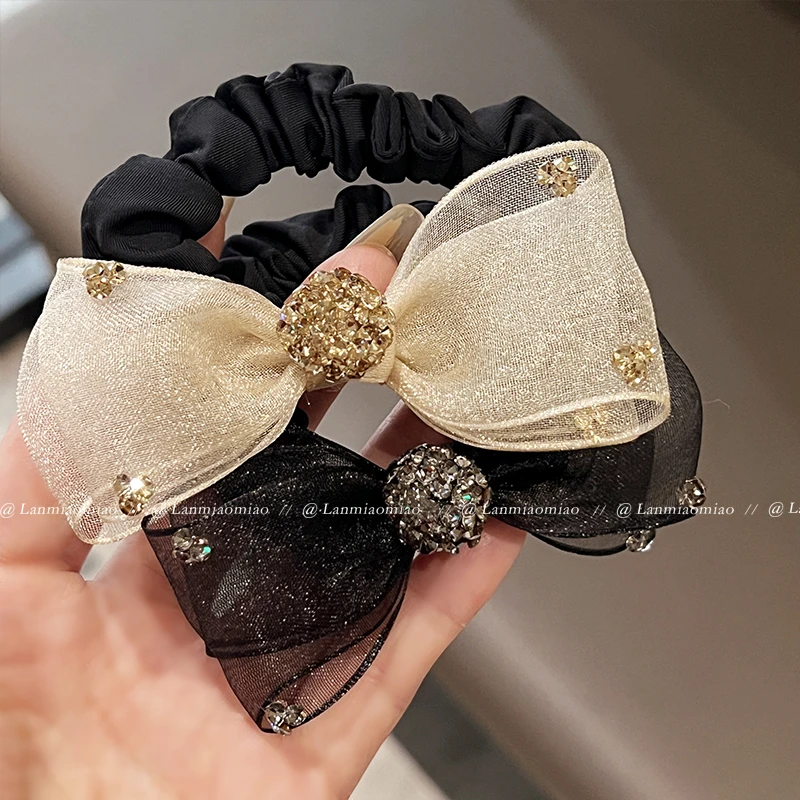 2024新款绢纱蝴蝶结发圈女高级感镶钻头绳丸子头皮筋马尾简约头饰