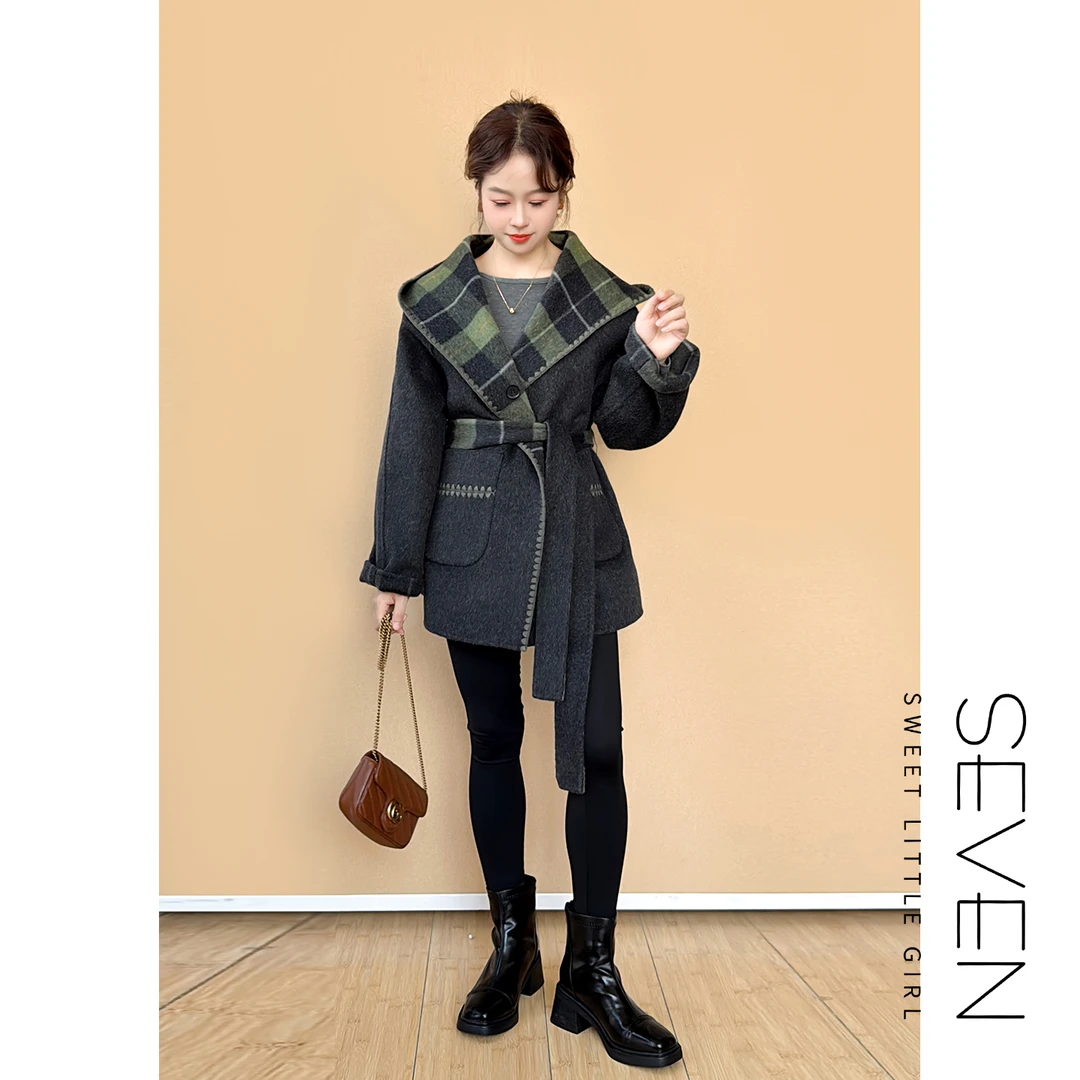 绿格双面派⑧七七146小个子收腰格纹双面呢羊毛大衣女小美说
