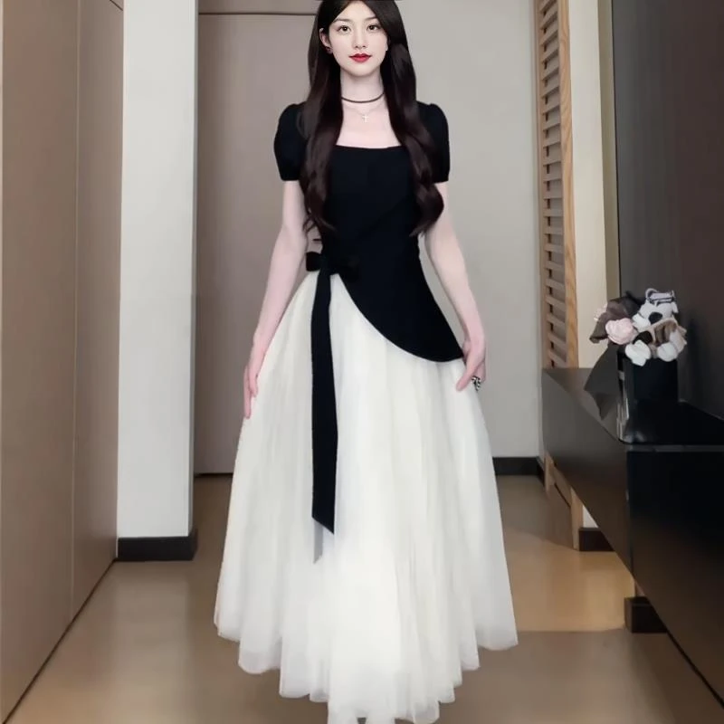 大码女装法式茶歇风假两件蓬蓬裙小黑裙夏季胖mm气质显瘦连衣裙子