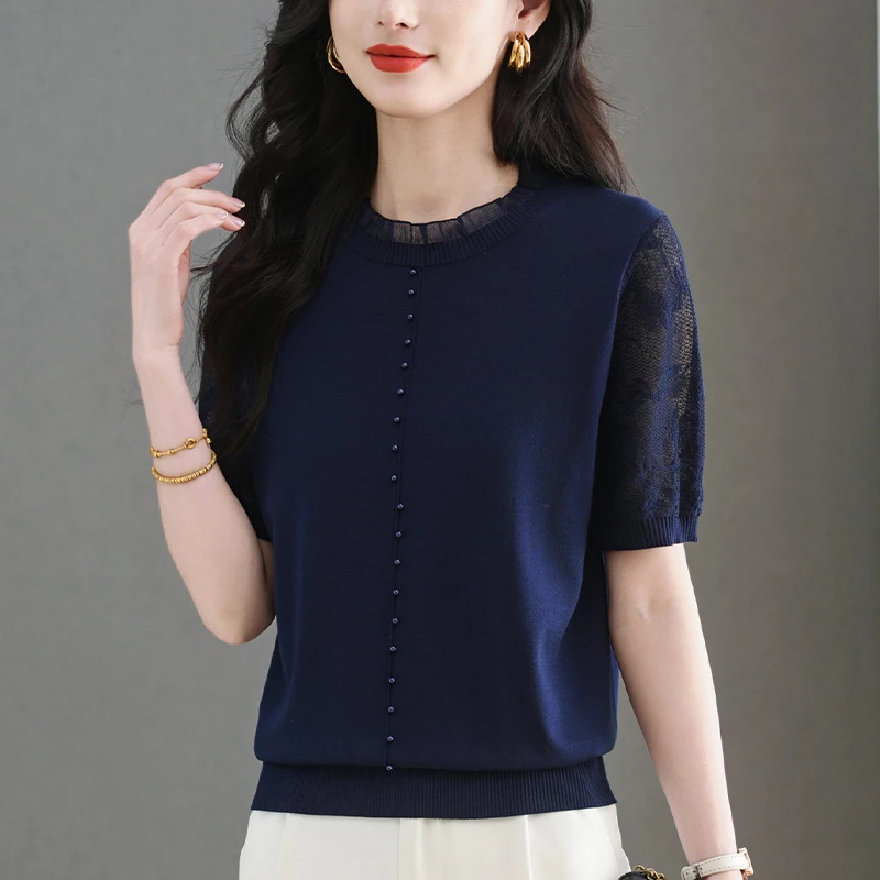 夏季薄款蕾丝针织上衣女宽松遮肚子显瘦大码镂空圆领冰丝短袖T恤