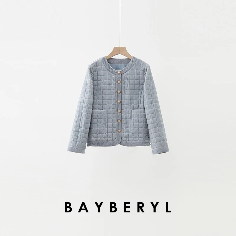 BAYBERYL老贝蓝丝绒*格子气质圆领单排扣秋冬外套9MF5L1844-12/22