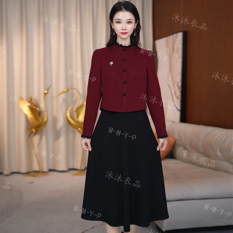 连衣裙假两件红拼黑长袖冬季复古气质小香风中式常规显瘦时尚法式